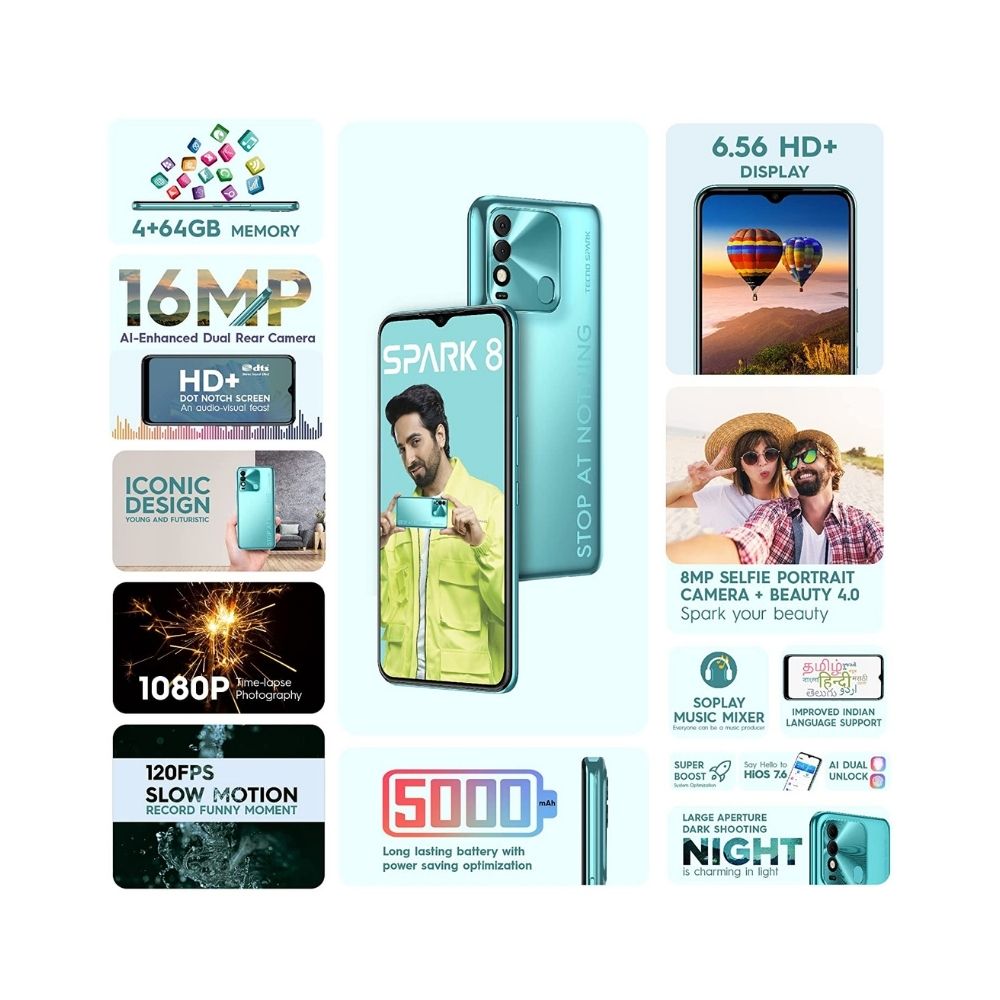 Tecno Spark 8 (Turquoise Cyan,3GB, 32GB Storage)