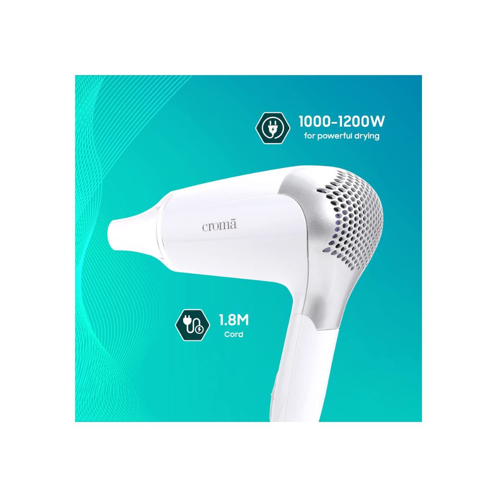 Croma 1000W Dual Voltage, Foldable Hair Dryer with 2 speed Settings (CRAH4056, Grey & White)