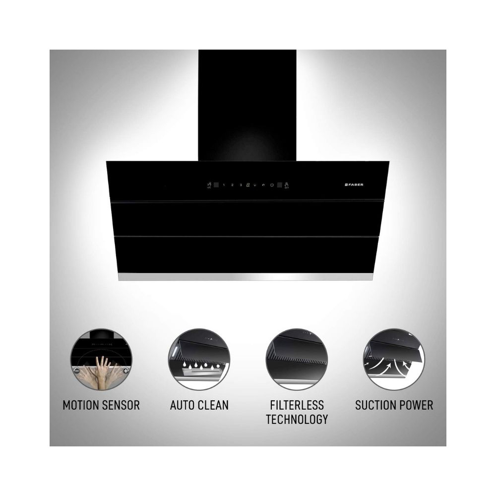 Faber 90 cm 1350 m³/HR Auto-Clean Angular Kitchen Chimney (Hood Zenith FL SC AC BK 90, Filterless Technology, Touch Control, Black)