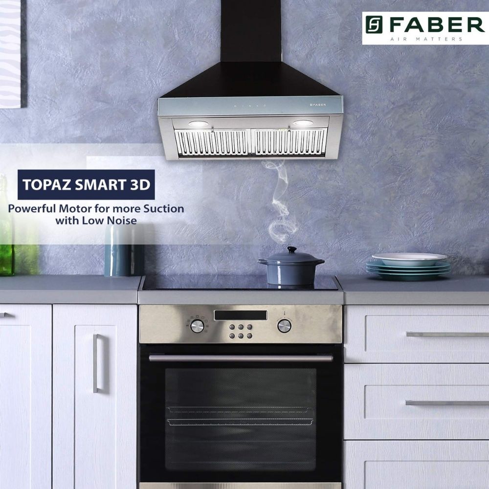 Faber 60 cm 1095 m³/hr pyramid Kitchen Chimney (Hood Topaz Smart 3D T2S2 BK TC LTW 60, Baffle Filter, Touch Control, Black)