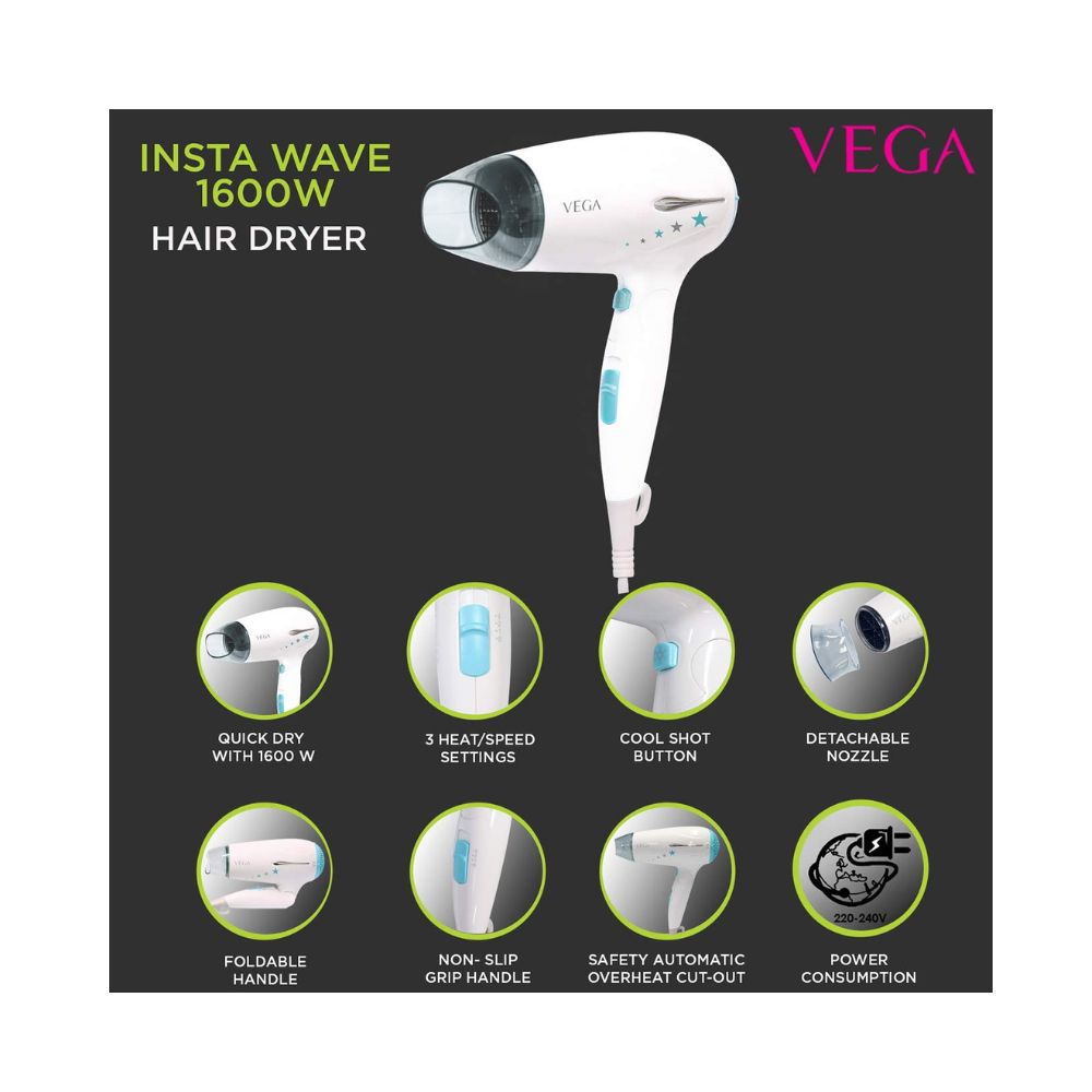 Vega Insta Wave Foldable Hair Dryer With Cool Shot Button & 3 Heat/Speed Setting (VHDH-22)