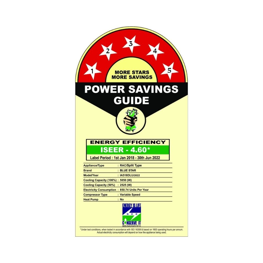 Blue Star 1.5 Tr 5 Star Inverter Split AC (Copper, IA518DLU, 2022, White)