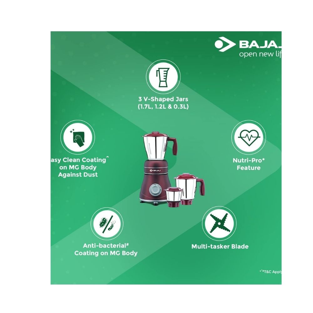 Bajaj Crimson Red Ivora 800 W Mixer Grinder (3 Jars, Brown, Grey)