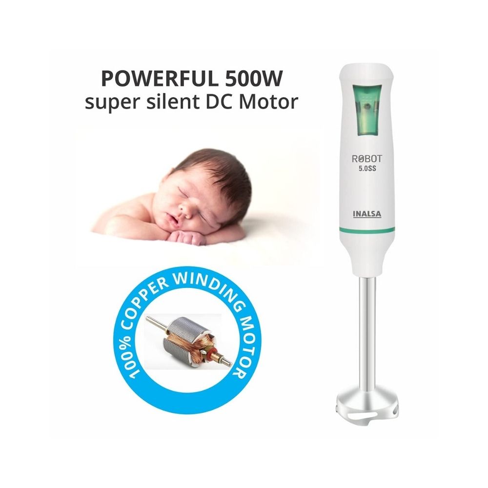 Inalsa Robot 5.0 SS Hand Blender, 500W (White, Green)