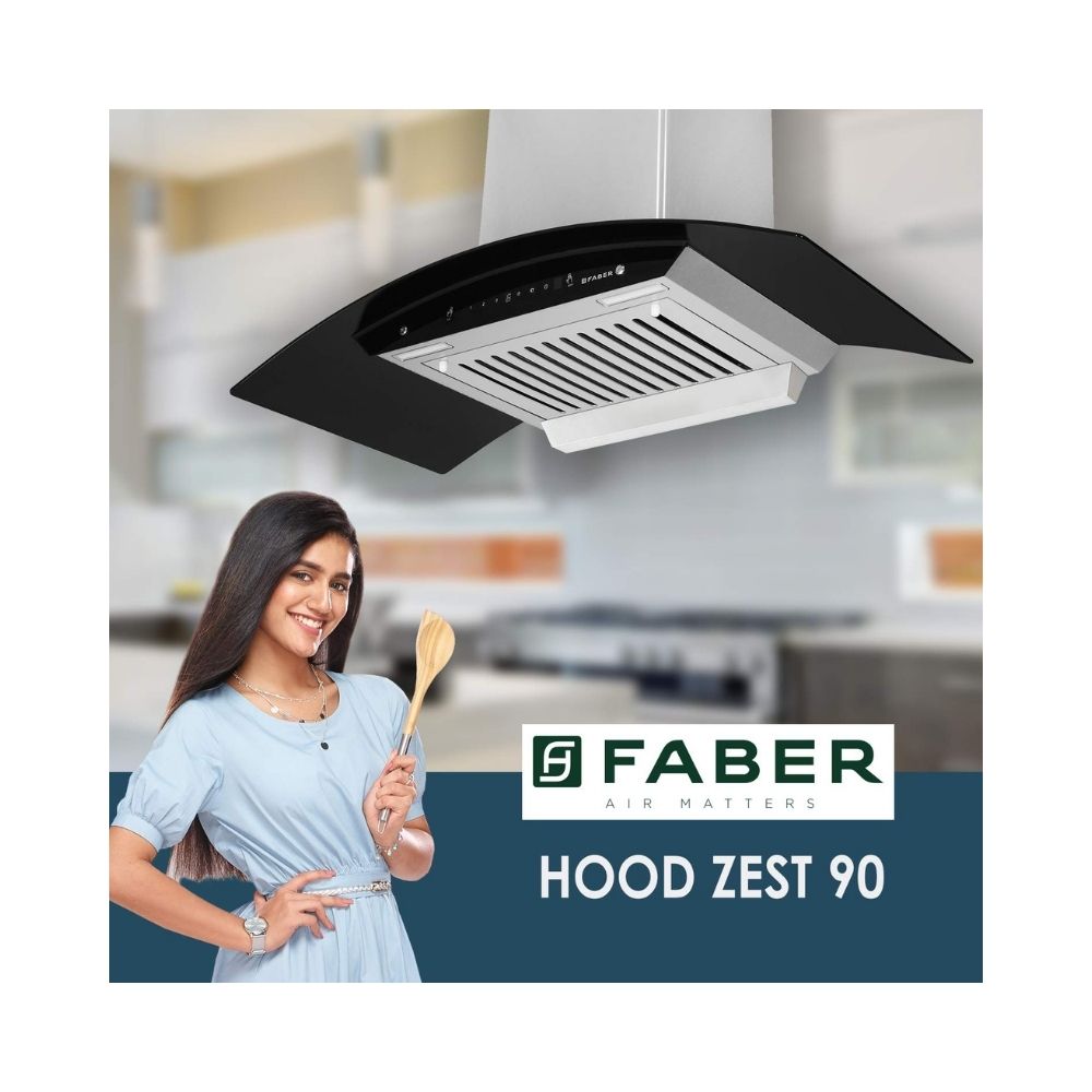 Faber 90 cm 1100 m³/hr Auto-Clean Curved Glass Kitchen Chimney (Hood Zest HC SC SS 90, Baffle Filter, Touch Control, Stainless Steel)