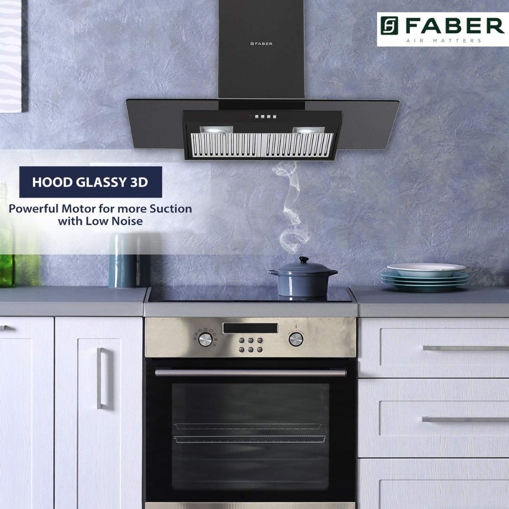 Faber 90 cm 1095 m³/hr straight glass Kitchen Chimney (HOOD GLASSY 3D T2S2 BK LTW 90, Baffle Filter, Black)