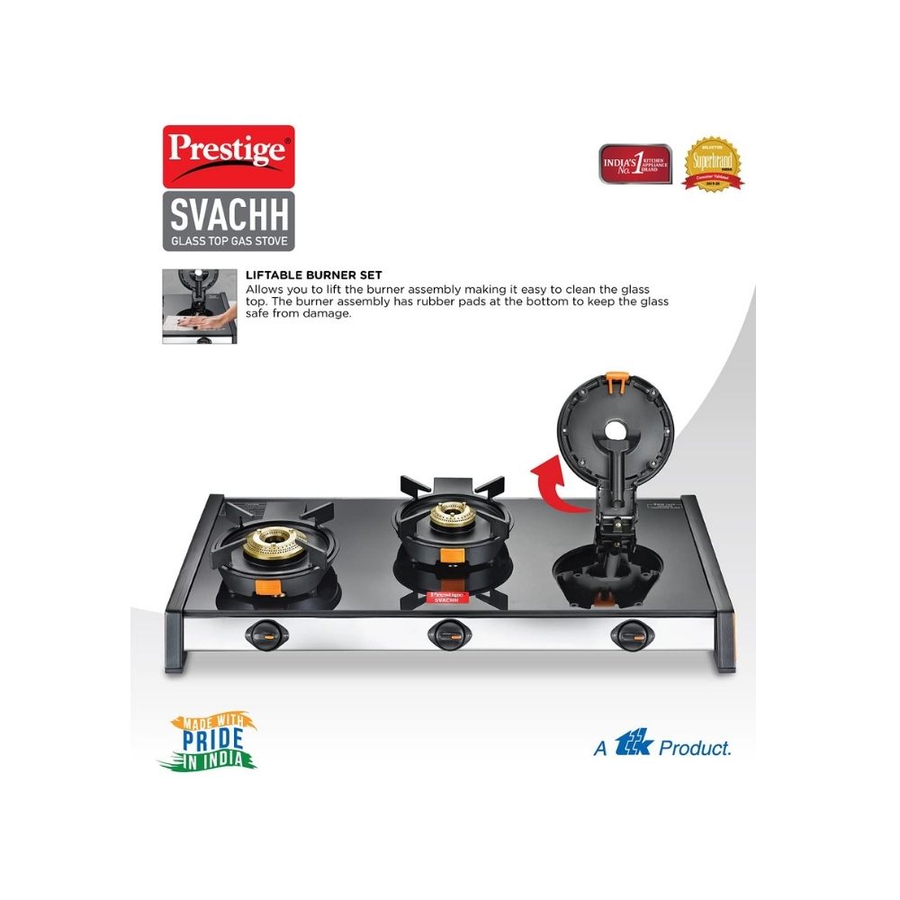 Prestige Svachh GTSV-03 Glass top LP Gas Table, 3 Burner, With Liftable Burner Set