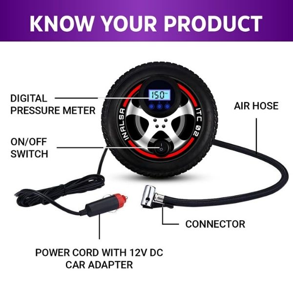 Inalsa Tyre Inflator ITC 02 with Digital Display & Push Button, 12V DC Portable Tyre Inflator,150 PSI, Inflatable Adaptor for Car, Tires, Bicycle and other Inflatables