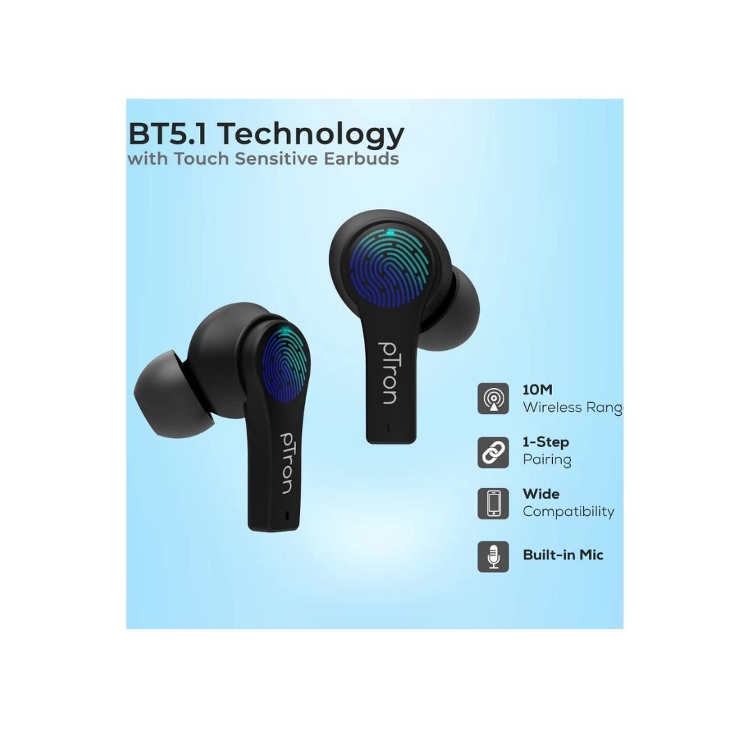 PTron Bassbuds Tango ENC Bluetooth 5.1 Wireless Headphone(Black)