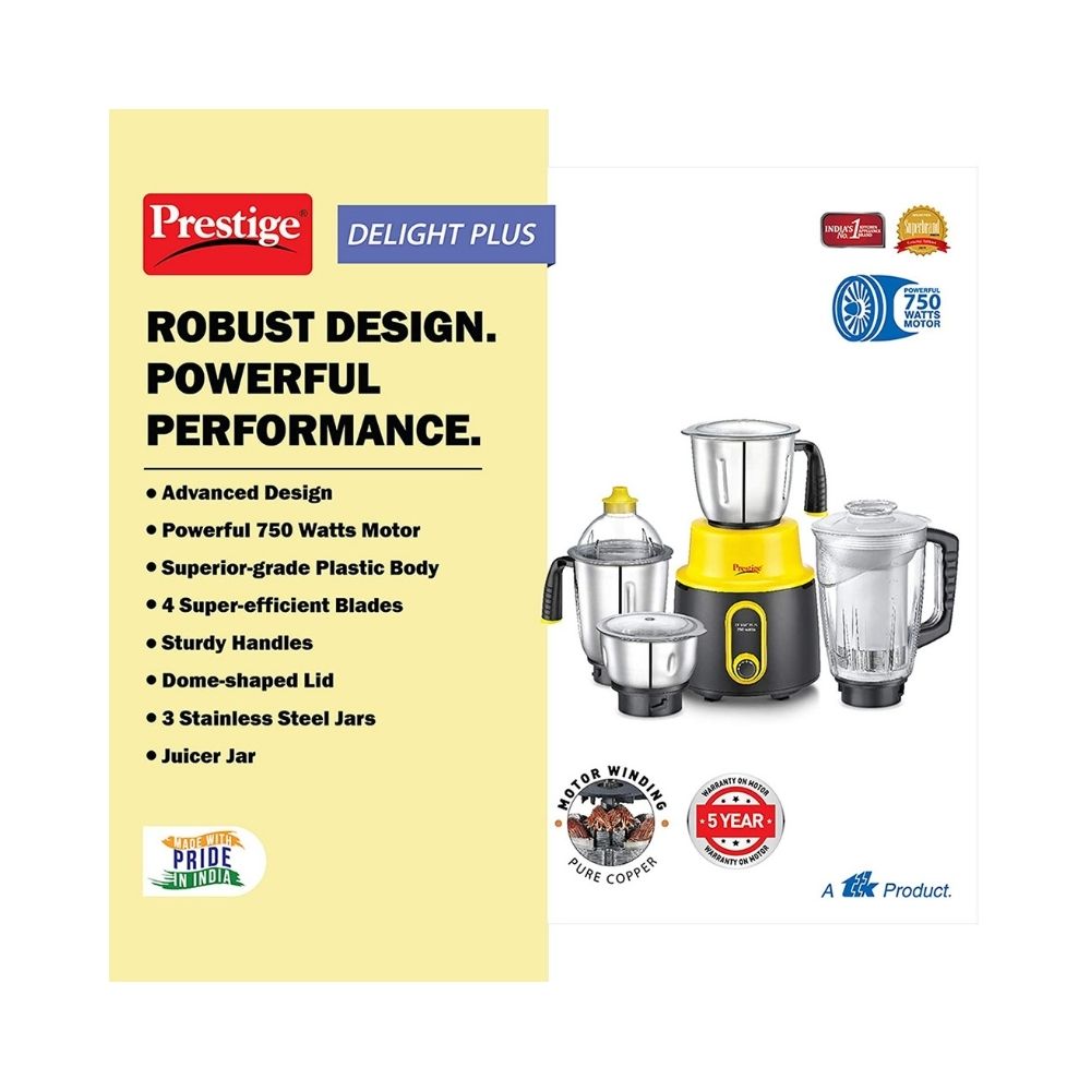 Prestige Delight Plus Mixer Grinder 750 W Mixer Grinder (4 Jars, Black and Yellow)