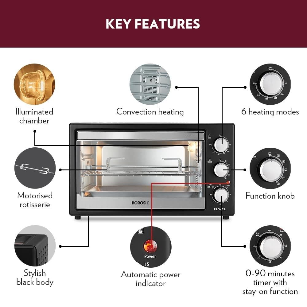 Borosil Pro 42 L Oven Toaster & Griller, Motorised Rotisserie & Convection Heating, 6 Heating Modes, Black