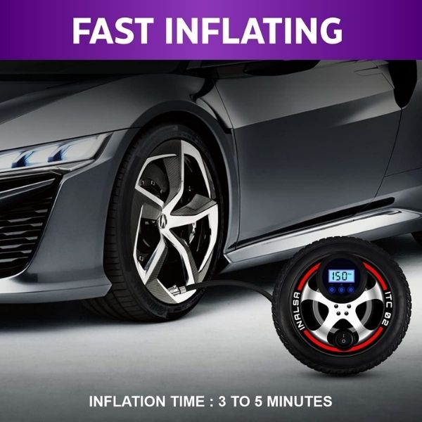 Inalsa Tyre Inflator ITC 02 with Digital Display & Push Button, 12V DC Portable Tyre Inflator,150 PSI, Inflatable Adaptor for Car, Tires, Bicycle and other Inflatables
