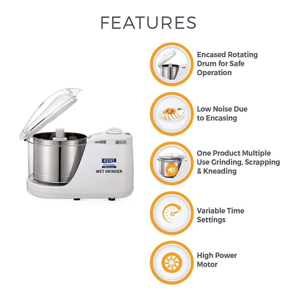 KENT 150W Wet Grinder Encased Rotating Drum  Dough 16079 (White)