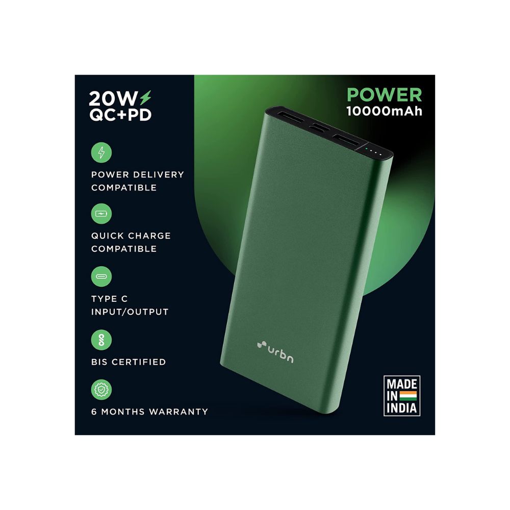 Urbn 10000 mAh Lithium Polymer Power Bank QCPD with 20 Watt Super Fast Charging, Green