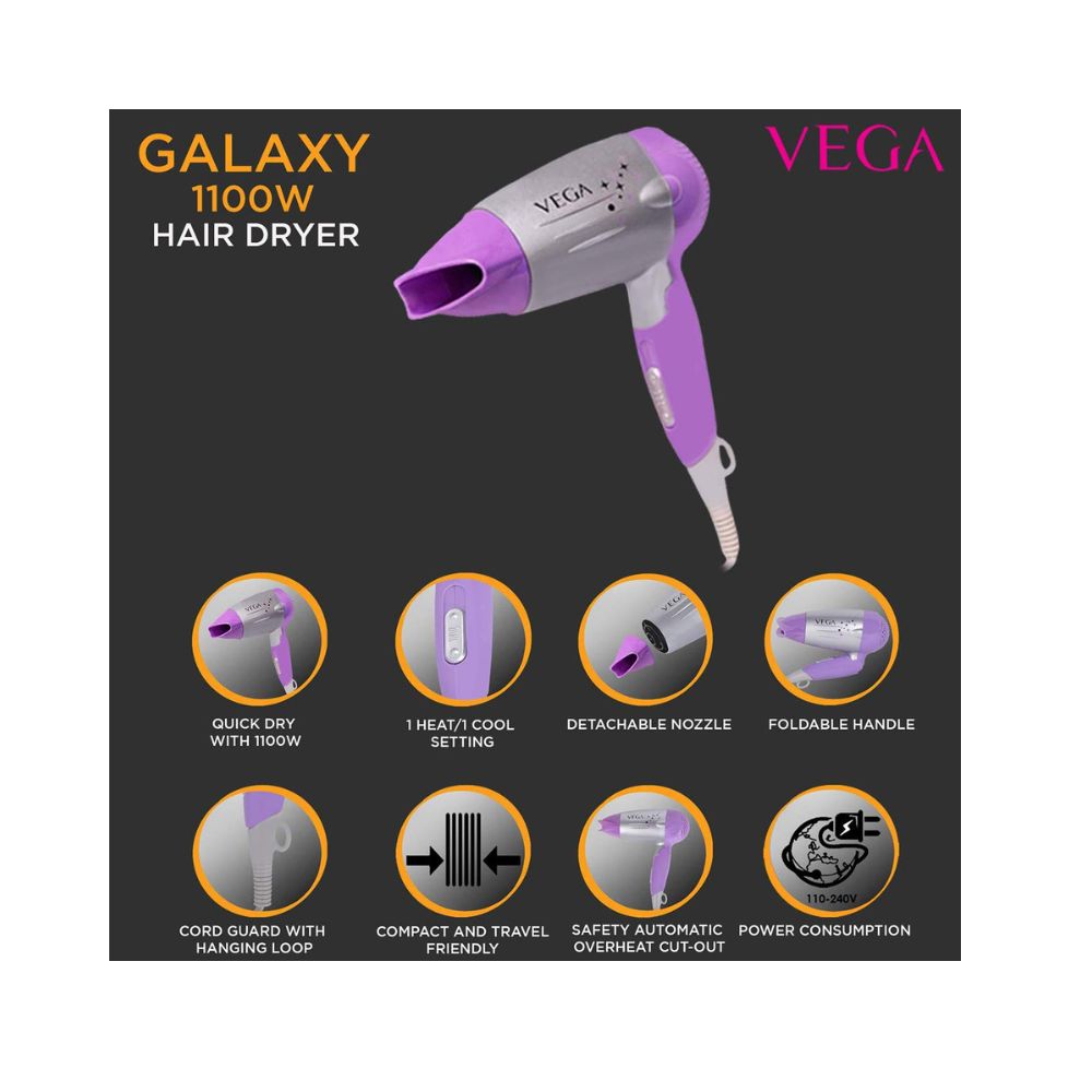 Vega Galaxy Foldable 1100 Watts Hair Dryer With Heat & Cool Setting And Detachable Nozzle (VHDH-06)-Purple