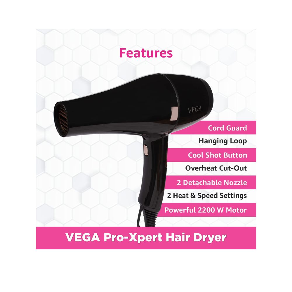 Vega Pro-Xpert 2200 W Professional Hair Dryer with Diffuser & 2 Detachable Nozzles (VHDP-03) Black