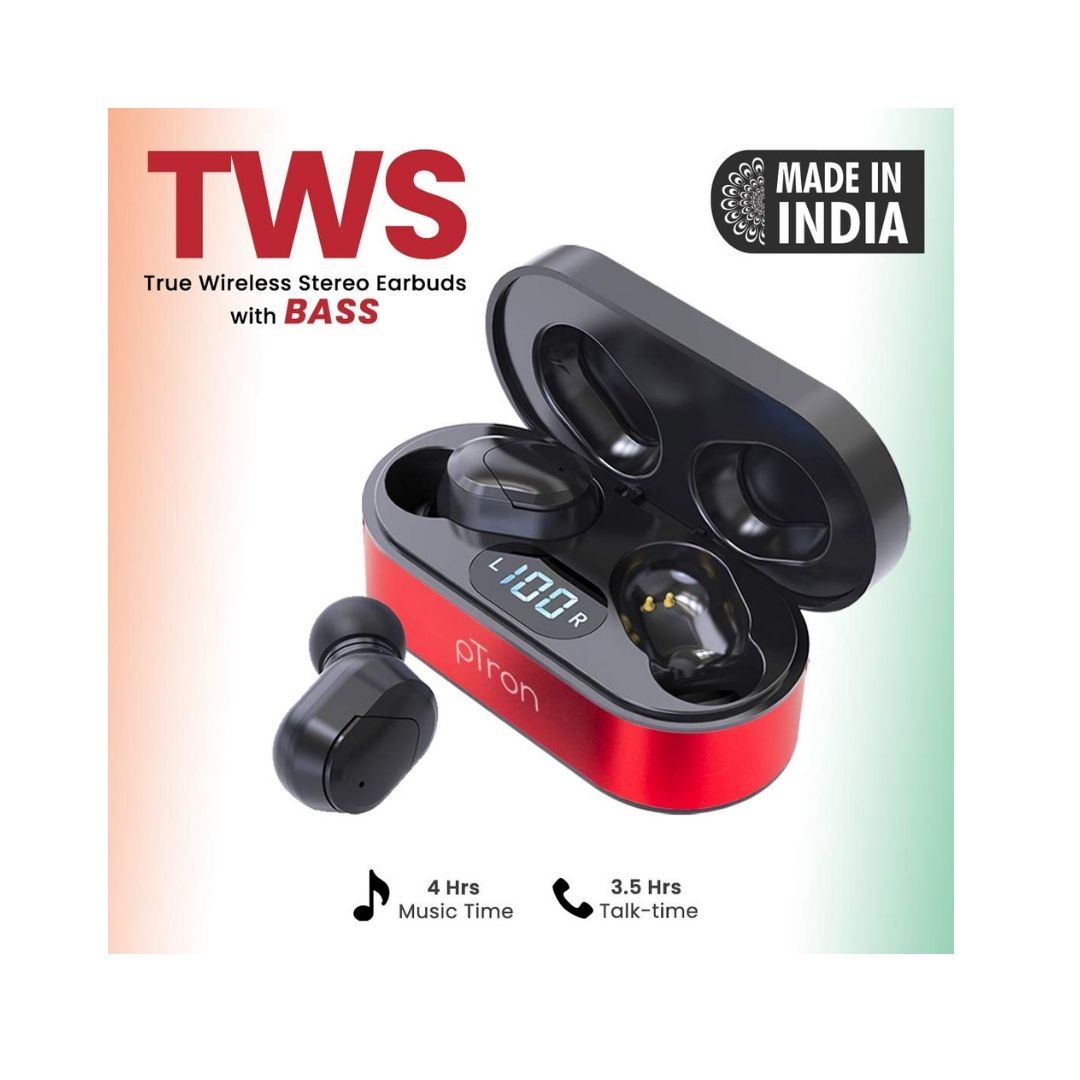 PTron Bassbuds Plus in-Ear True Wireless Stereo Bluetooth Headset  (Black, Red, True Wireless)