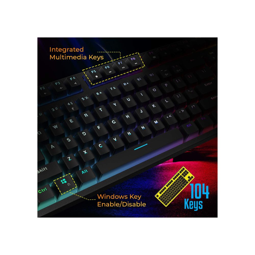 Zebronics zeb-max plus v2 premium mechanical keyboard with 104 tactile switch keys, 2 step stand, (zeb-max plus v2)