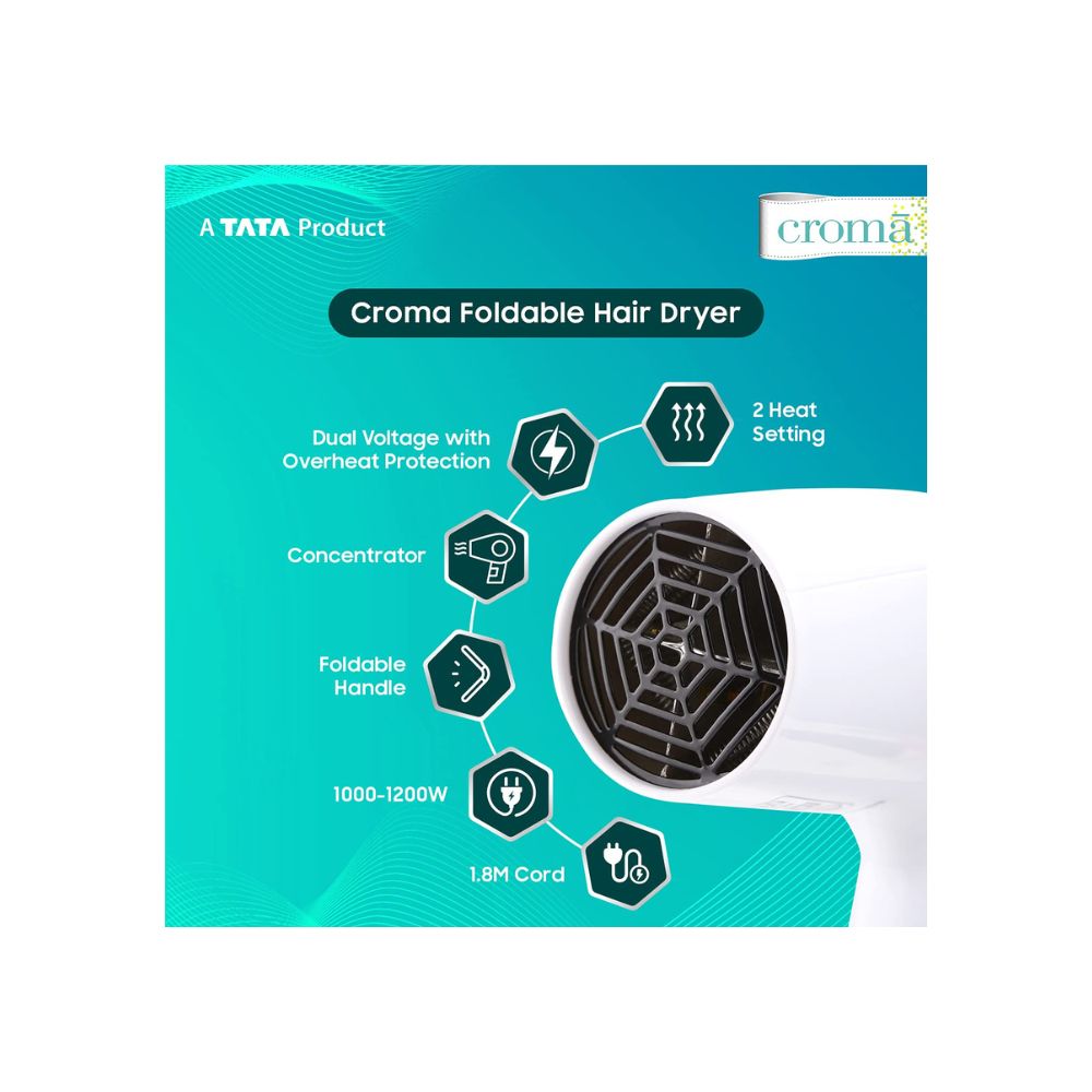 Croma 1000W Dual Voltage, Foldable Hair Dryer with 2 speed Settings (CRAH4056, Grey & White)