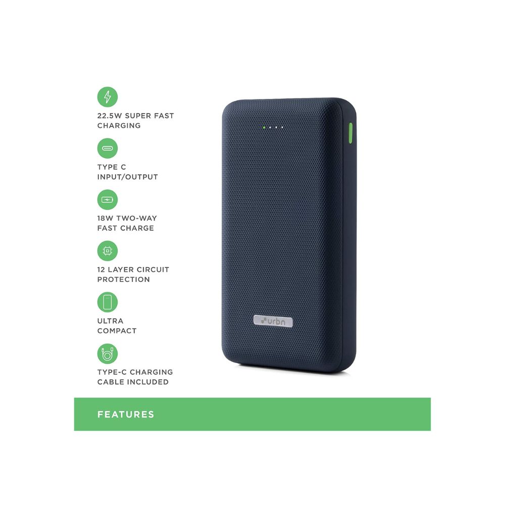 Urbn 20000 mAh Lithium_Polymer Power Bank with 22.5 Watt Super Fast Charging, Blue