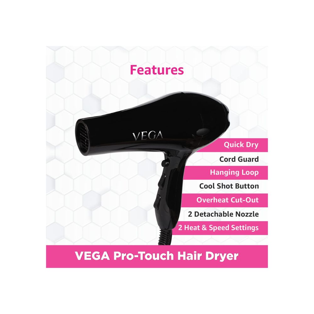 Vega Pro Touch 1800-2000 Watts Professional Hair Dryer with 2 Detachable Nozzles (VHDP-02)