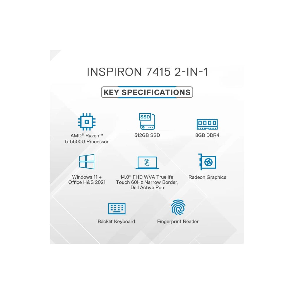 Dell New Inspiron 7415 2in1 Laptop AMD Ryzen 5-5500U 14 inches(35cm) Touch FHD 60Hz, 8GB, 512GB SSD, Windows 11 + MSO'21, Pebble Green Color, FPR + Backlit KB & Active Pen (D560624WIN9P)