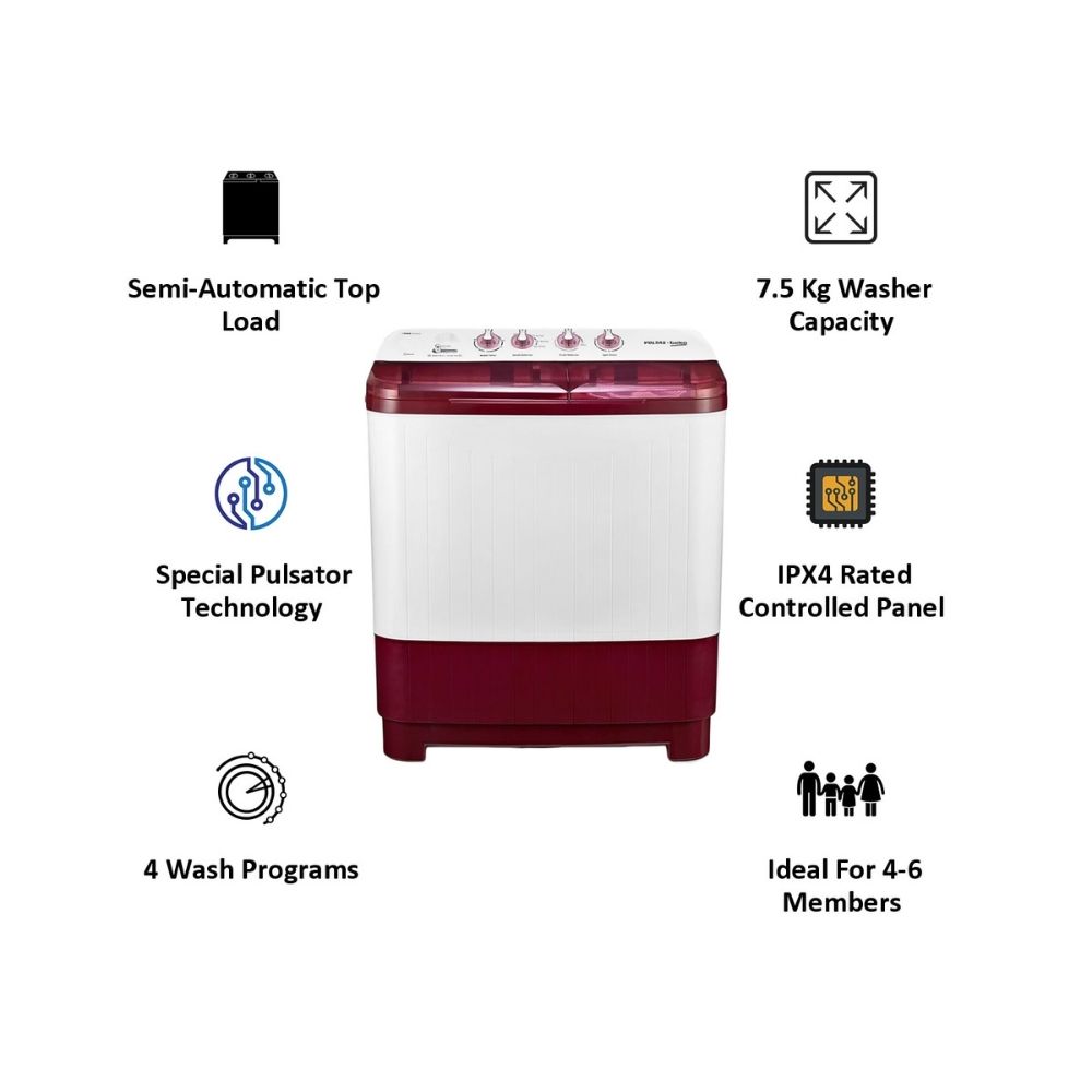 Voltas Beko 7.5 kg 5 Star Semi-Automatic Top Load Washing Machine (WTT75DBRT, Burgundy)