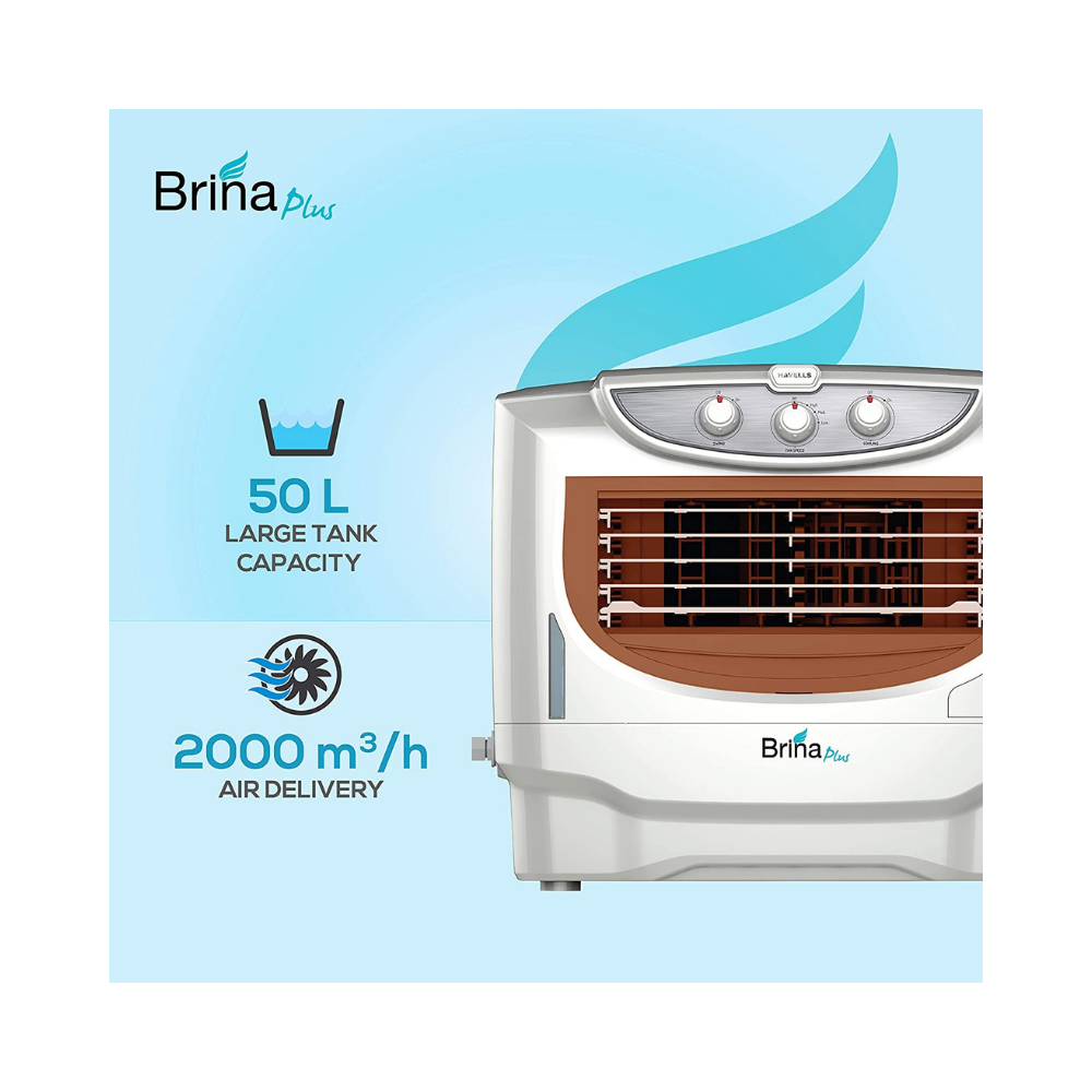 Havells Brina Plus 50 Litres Window Air Cooler with Ice Chamber, Dust Free and Insect Free (White, Brown)