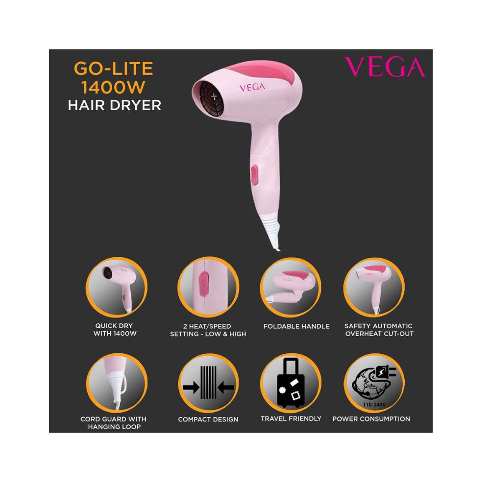 Vega Go Lite 1400 Foldable Hair Dryer with 1400w Quick Dry, (VHDH-19)