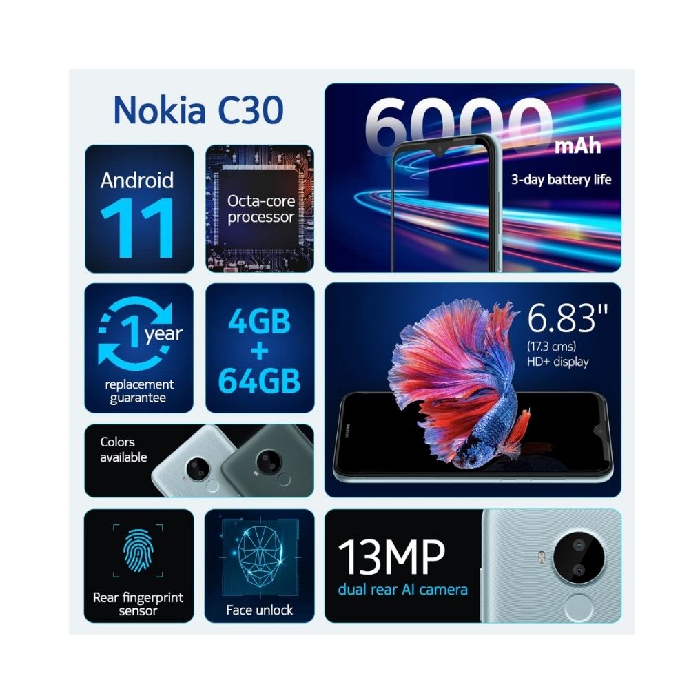 Nokia C30, 6000 mAh Battery, 6.82 Inch HD+ Screen, 3 + 32GB Memory (Green)