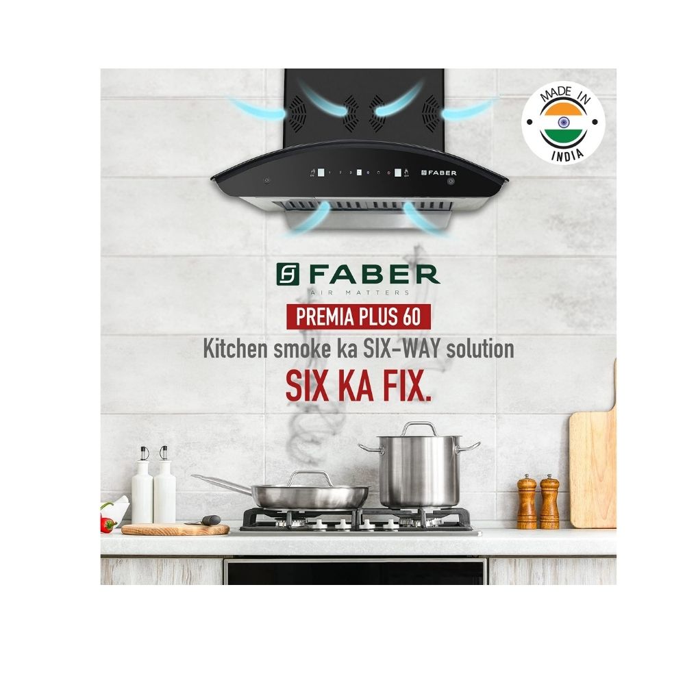 Faber 60 cm 3 Way Silent Suction, AutoClean Chimney (1298 m3/hr HOOD PREMIA 3D PLUS IND HC SC BK 60, Baffle Filters)