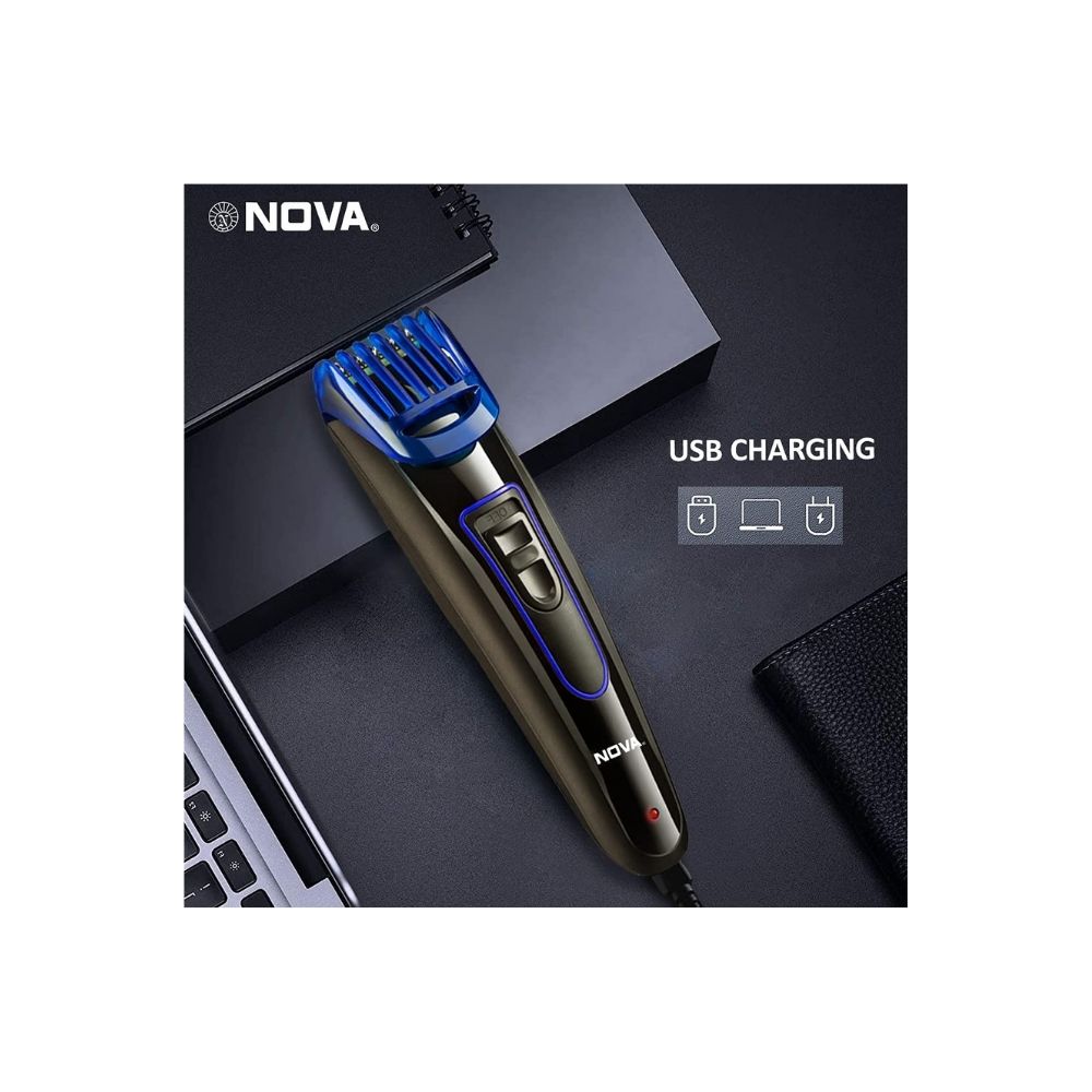 Nova NHT-1071 Titanium Coated Cordless: 45 Minutes USB Trimmer for Men (Black/Blue)