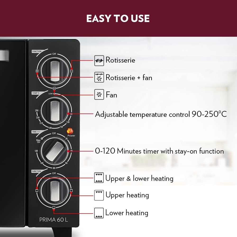 Borosil Prima 60 L Oven Toaster  Griller Motorised Rotisserie  Convection Heating 12 Heating Modes Black