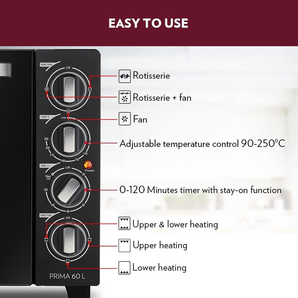 Borosil Prima 60 L Oven Toaster & Griller, Motorised Rotisserie & Convection Heating, 12 Heating Modes, Black