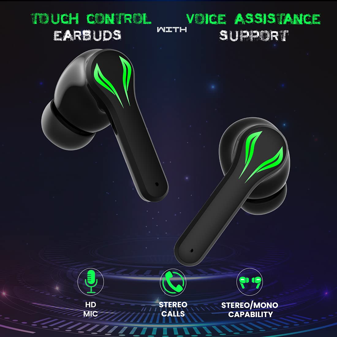PTron Bassbuds Jade Gaming True Wireless Headphone With Deep Bass, Dual Mic, Passive Noise Cancellation (Black)