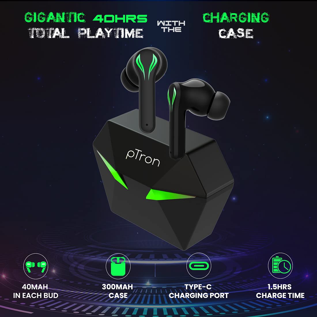 PTron Bassbuds Jade Gaming True Wireless Headphone With Deep Bass, Dual Mic, Passive Noise Cancellation (Black)