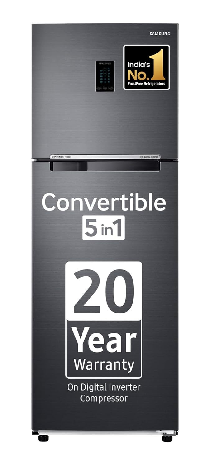Samsung 322 L, 2 Star, Convertible 5-in-1 Digital Inverter, with Display Frost Free Double Door Refrigerator (RT37C4512BX/HL, Luxe Black, 2023 Model)