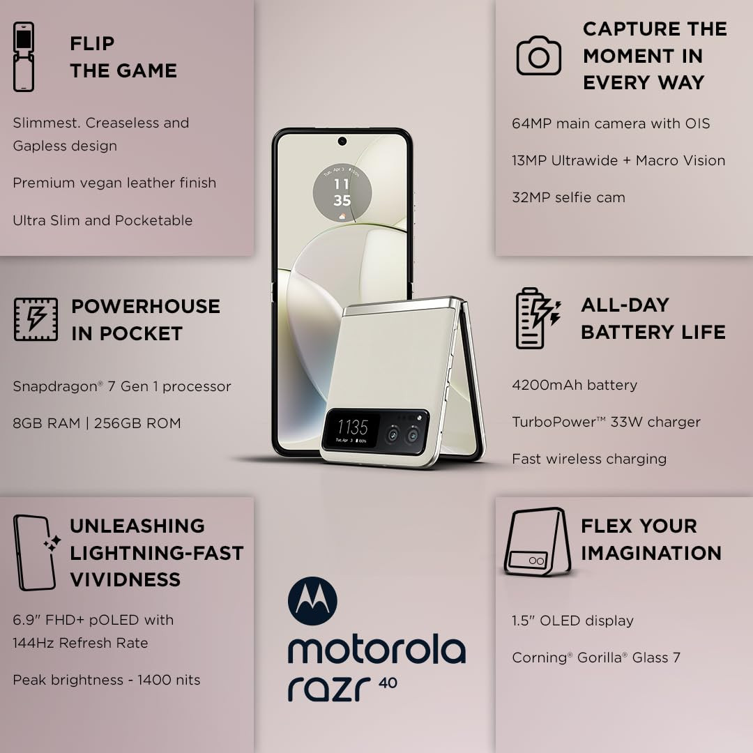 Motorola razr 40 (Vanilla Cream, 8GB RAM, 256GB Storage) | External AMOLED Display | 6.9