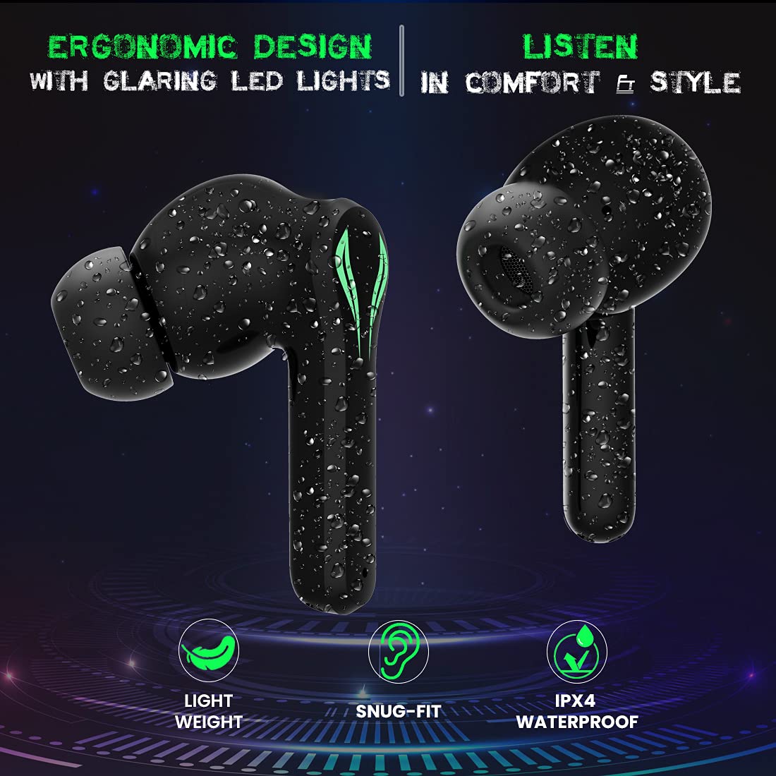 PTron Bassbuds Jade Gaming True Wireless Headphone With Deep Bass, Dual Mic, Passive Noise Cancellation (Black)