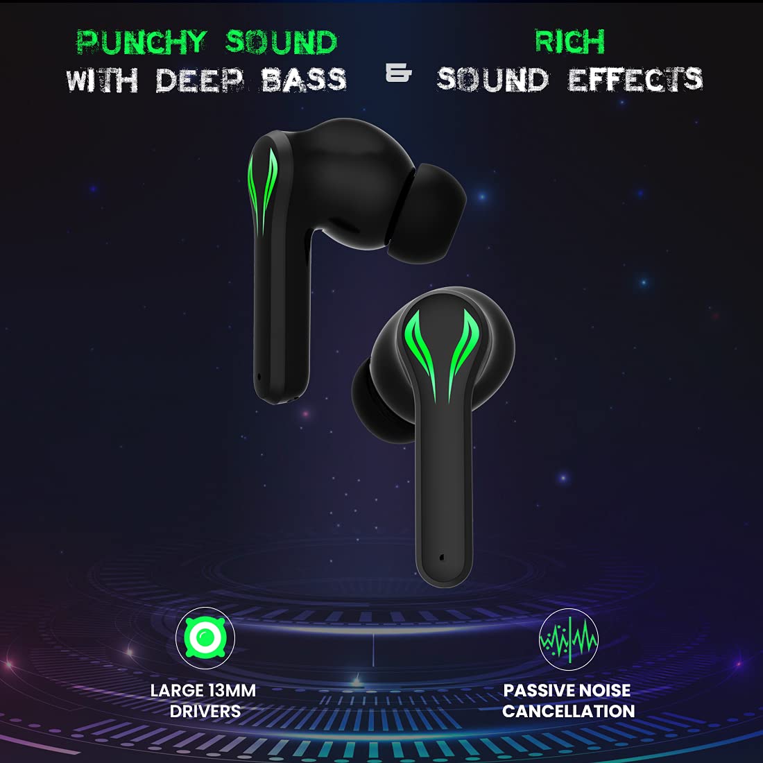 PTron Bassbuds Jade Gaming True Wireless Headphone With Deep Bass, Dual Mic, Passive Noise Cancellation (Black)