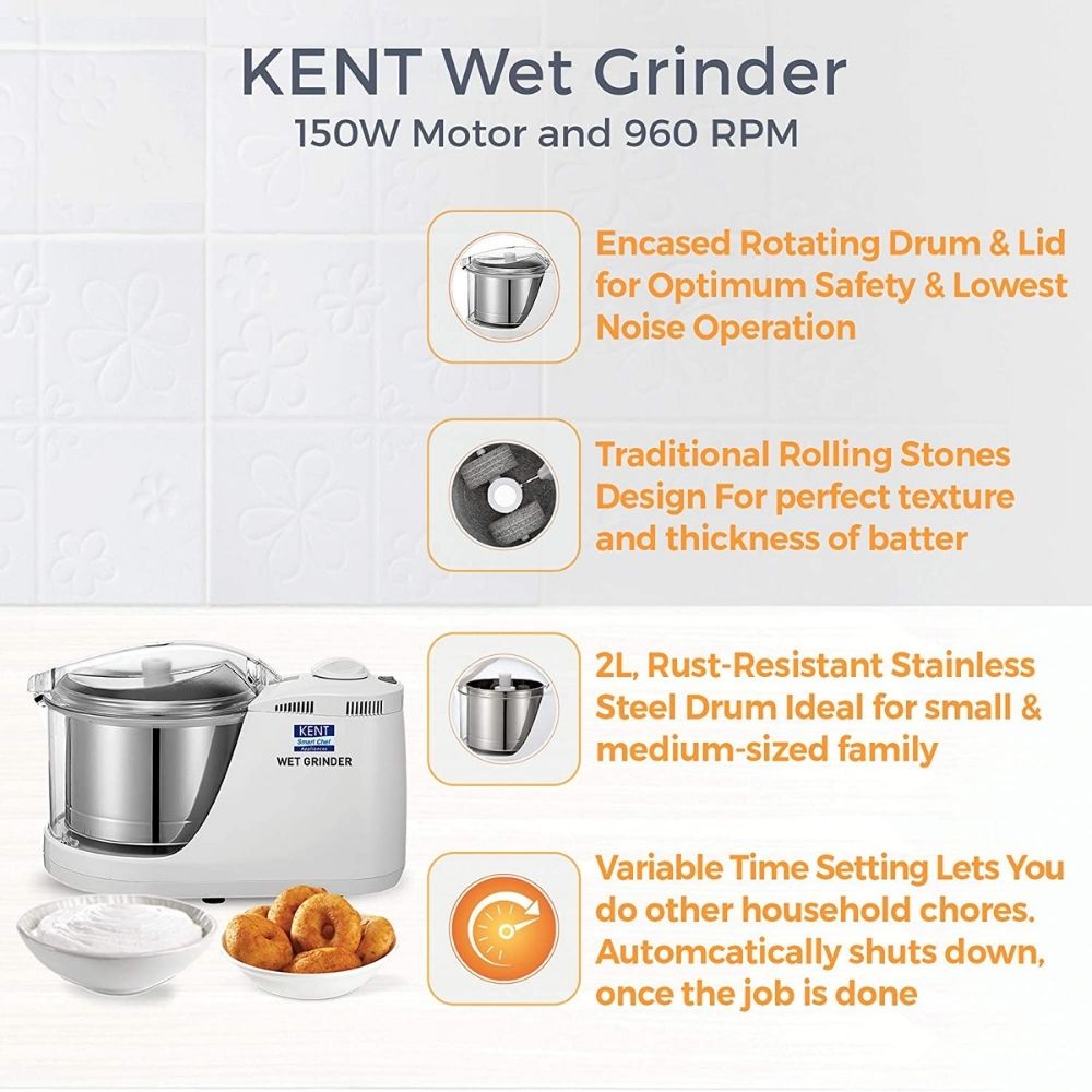 KENT 150W Wet Grinder Encased Rotating Drum  Dough 16079 (White)