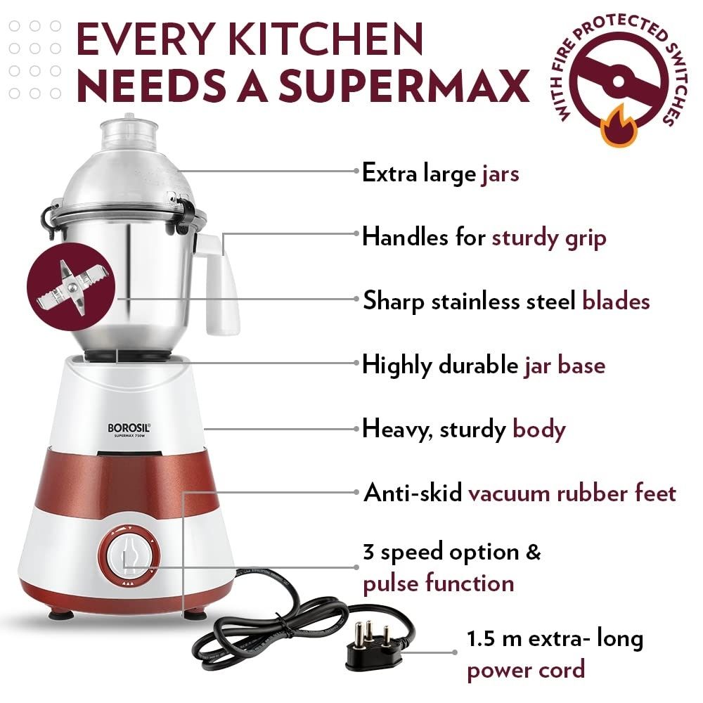 BOROSIL HAMG750W28 SuperMax 750W - Red 750 Juicer Mixer Grinder (3 Jars, Red, White)
