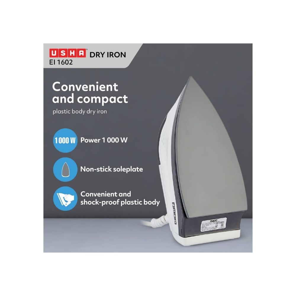 Usha EI 1602 1000 W Lightweight Dry Iron with Non-Stick Soleplate (Multi-colour)