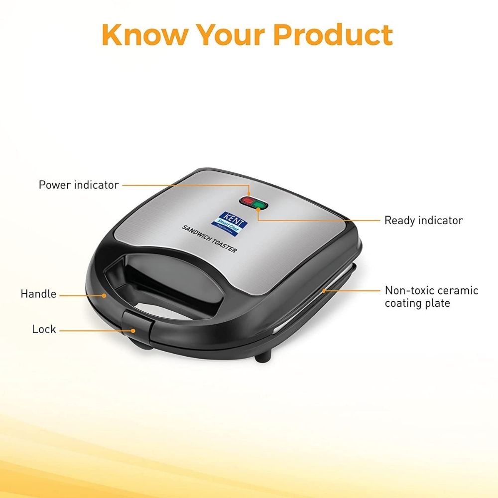 KENT 16024 Sandwich Maker 700 W | Non-Toxic Ceramic Coating Plate | Handle with Lock | Automatic Cut OFF | 4 Slice Sandwich Toaster