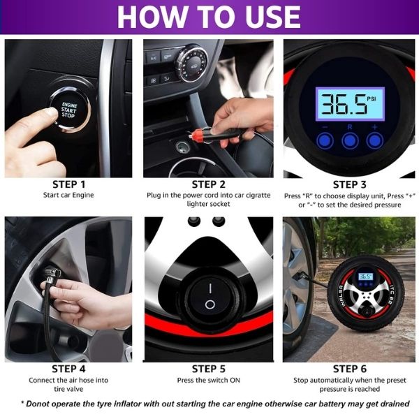 Inalsa Tyre Inflator ITC 02 with Digital Display & Push Button, 12V DC Portable Tyre Inflator,150 PSI, Inflatable Adaptor for Car, Tires, Bicycle and other Inflatables
