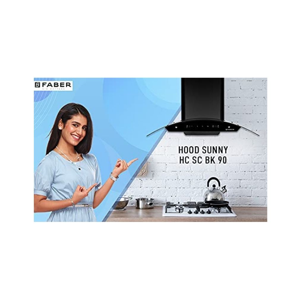 Faber 90 cm 1200 m³/hr Auto-Clean curved glass Kitchen Chimney (HOOD SUNNY HC SC BK 90, Filterless technology,  Touch Control)