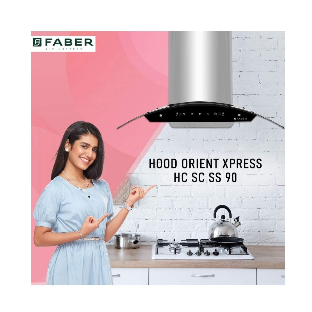 Faber 90 cm 1200 m³/hr Auto-Clean curved glass Kitchen Chimney (HOOD ORIENT XPRESS HC SC SS 90, Filterless technology, Touch Control)