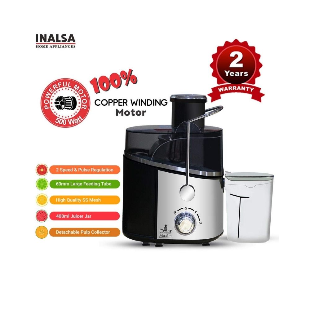 Inalsa Maxim Centrifugal Juicer-500 Watt with 60mm Wide Mouth & 2 Speed & Pulse Fuction