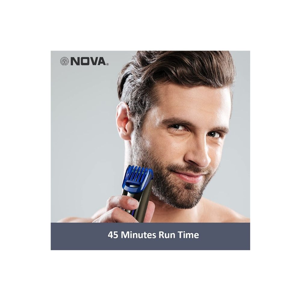 Nova NHT-1071 Titanium Coated Cordless: 45 Minutes USB Trimmer for Men (Black/Blue)