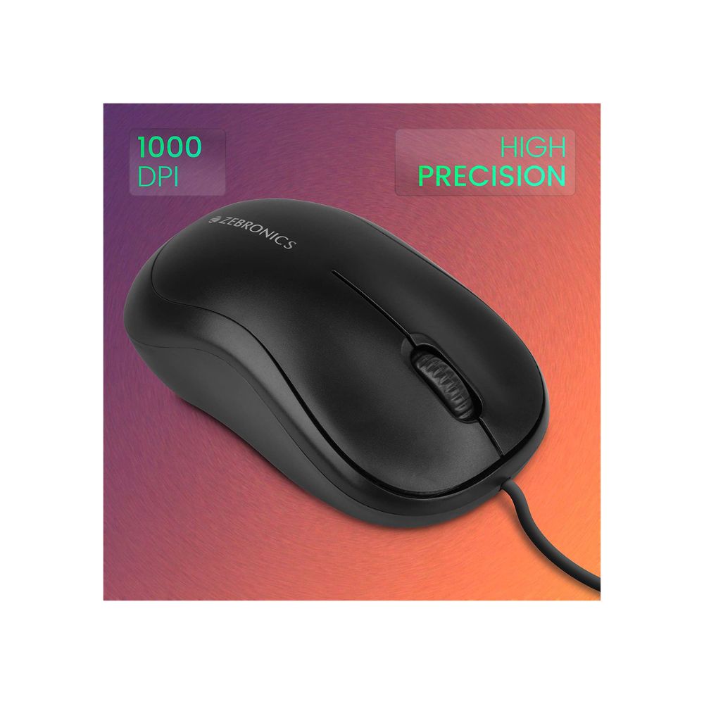 Zebronics zeb-comfort wired usb mouse, 3-button, 1000 dpi optical sensor black